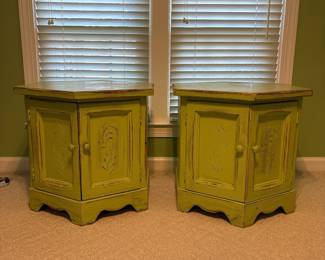 R17 - $40. PAIR of Painted Hexagon Side Tables. Measures 25" x 28.75" x 24" tall. All doors open - sturdy!