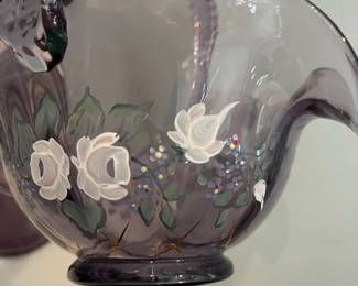 R80 - $75 PAIR. Fenton Hand painted & Signed Amethyst Swirl Vase 9.5" tall. Basket 7" tall.