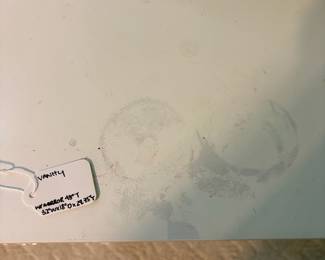 R18 - $40. Small White Vanity. Has some damage on the top - see photos. Measures 32" wide x 18" deep x 29.75" tall (48" tall with mirror)