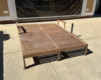 R57 - $450. Teak Double Chaise. Measures 61" wide x 80" long. Has been stored covered but there is a little dirt around the feet. Each side adjusts separately! Cushions are still useable.