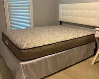 R9 - $125. Queen Faux Leather Bed. Headboard has some scuffs that look like they will clean off. Mattress is clean and comfortable!