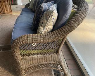 R11 - $125. Patio Couch/ Plastic Rattan material. Measures 74" x 31" deep x 36" tall. (Needs new cushions but the frame is in very good condition!)
