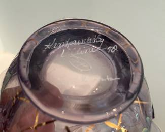 R80 - $75 PAIR. Fenton Hand painted & Signed Amethyst Swirl Vase 9.5" tall. Basket 7" tall.