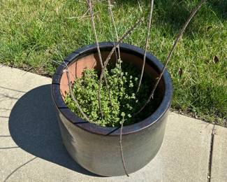 R63 - $80 PAIR of LARGE Dark Blue Glazed Ceramic Planters. Measures 19" wide x 18" tall. No issues noted! PLEASE BE PREPARED TO MOVE (dolly / 2 people). You can not dump the dirt - and they are HEAVY.