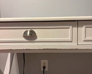 R7 - $30. White Desk. Measures 44" wide x 20.5" x 31.25". Sturdy but shows a lot of wear. 2 drawers - both roll easily.