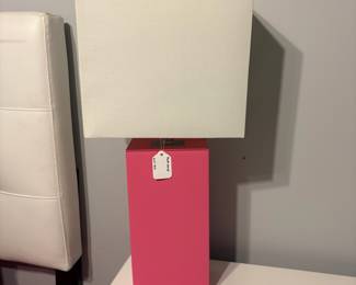R8 - $15. Pink Leather Table Lamp with White Shade (in good condition!) . Measures 21.5" tall.