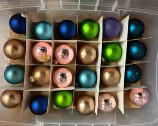 W8 - $15. 2 layers of ornaments in plastic storage box.