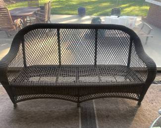 R11 - $125. Patio Couch/ Plastic Rattan material. Measures 74" x 31" deep x 36" tall. (Needs new cushions but the frame is in very good condition!)