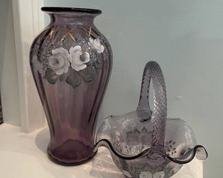 R80 - $75 PAIR. Fenton Hand painted & Signed Amethyst Swirl Vase 9.5" tall. Basket 7" tall.