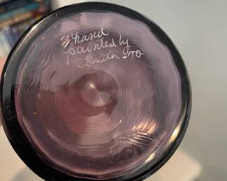 R80 - $75 PAIR. Fenton Hand painted & Signed Amethyst Swirl Vase 9.5" tall. Basket 7" tall.