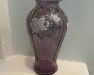 R80 - $75 PAIR. Fenton Hand painted & Signed Amethyst Swirl Vase 9.5" tall. Basket 7" tall.