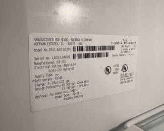 R41 - $85. White Garage Fridge / Freezer. Model 253.63012300. Manufactured March 2003.