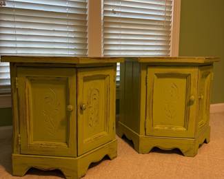R17 - $40. PAIR of Painted Hexagon Side Tables. Measures 25" x 28.75" x 24" tall. All doors open - sturdy!