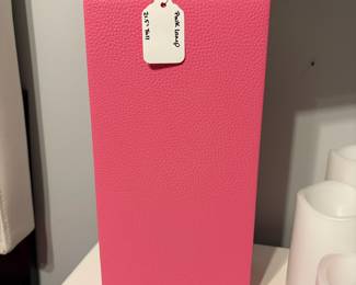 R8 - $15. Pink Leather Table Lamp with White Shade (in good condition!) . Measures 21.5" tall.
