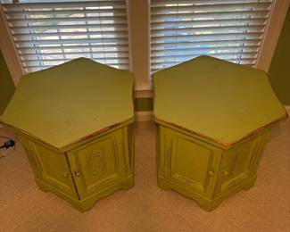 R17 - $40. PAIR of Painted Hexagon Side Tables. Measures 25" x 28.75" x 24" tall. All doors open - sturdy!
