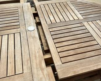 R58 - $1250. Teak Patio Table with *10* adjustable chairs. Table has 2 butterfly leaves stored inside. Needs a little muscle to pull apart. 4 chairs have been stored inside and look brand new. The 6 that were outside have been covered but the bottom of the feet are dirty and weathered (just need cleaned up!) All sturdy. Table is 39" wide x 73" long. Chairs are 24" wide.