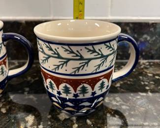 C38 - $65 Set. Polish Pottery Evergreen Tea Pot + 2 mugs. 