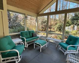 C1 - $950. Crimson Casual Patio Set with 1 Swivel Lounge Chair, 1 Spring Lounge Chair, Love Seat Glider, Ottoman, 2 side tables, 1 coffee table in the Square Slat Top Pattern.  Coastal Grove Cushions. We have covers and all pieces are in excellent condition! Currently priced as a SET. If you're interested in certain pieces we may decide to split. 