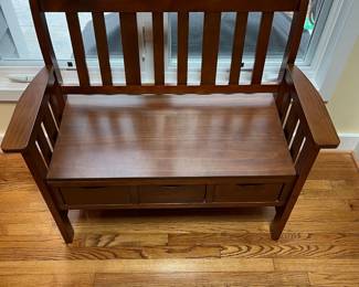 C2 - $75. Mission Style Storage Bench with 3 drawers underneath. Measures 40.5” wide x 18.5” deep x 36” tall. 250# weight limit. 