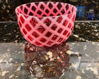 C39 - $20. Northwood Vintage Opalescent Cranberry Lattice Finger Bowl. Measures 4.5" x 3" tall. 