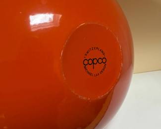 C70 - $75. Large 12" Copco Enameled Bowl in Orange. Made in Switzerland - Michael Lax Design. Very good condition! No chips, crazing etc. 