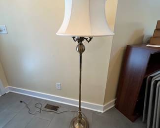C24 - $85. Measures 63" tall. Brass Floor Lamp with 4 bulbs & milk glass shade inside. Outer shade is in very good condition!