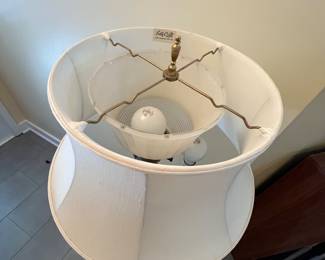 C24 - $85. Measures 63" tall. Brass Floor Lamp with 4 bulbs & milk glass shade inside. Outer shade is in very good condition!