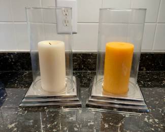 C98 - $30. Pewter Candleholders from Virginia Metalcrafters. Square bases with glass chimney. 