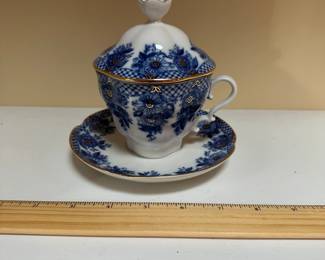 C88 - $40. Made in Russia. Lomonosov Porcelain Lidded Cup & Saucer. 