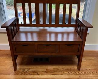C2 - $75. Mission Style Storage Bench with 3 drawers underneath. Measures 40.5” wide x 18.5” deep x 36” tall. 250# weight limit. 