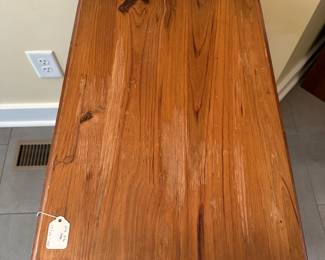 C9 - $35. Small Pine Side Table. Leaves down it measures 17” wide x  24” deep x 26 tall. Each leaf adds 7.25".