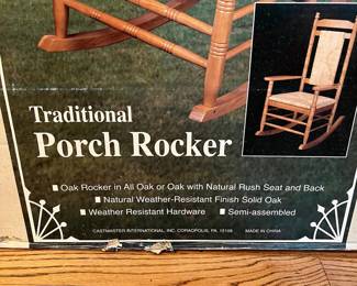 C16 - $50 EACH. 2 Traditional Porch Rockers. New in flat pack boxes. Model # 90004. Solid Oak. 