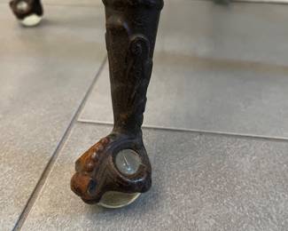 C10 - $65. Piano Stool with glass feet. Adjustable height. Seat Measures 14.75” wide x 19” tall all the way down. Seat is 2 layers and needs glued back together. 