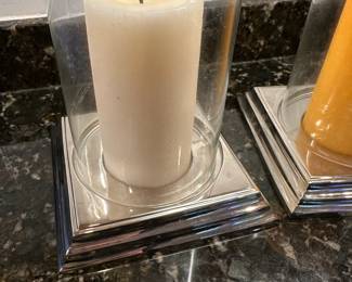 C98 - $30. Pewter Candleholders from Virginia Metalcrafters. Square bases with glass chimney. 