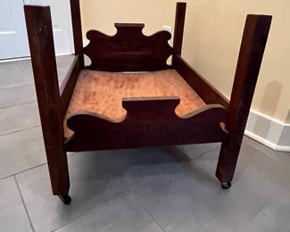 C6 - $40.  Hand made Mahogany Doll Bed. Made in the 1950s. Needs a piece of foam for a replacement mattress! Measures 29” wide x 22” deep x 22.25” tall