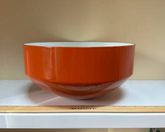 C70 - $75. Large 12" Copco Enameled Bowl in Orange. Made in Switzerland - Michael Lax Design. Very good condition! No chips, crazing etc. 