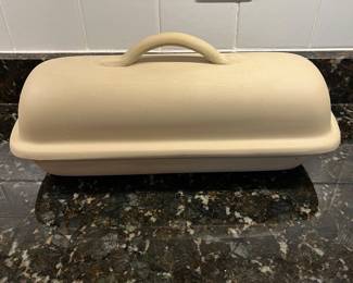 C34 - $30. Sassafras Superstone Covered  Bread Baker Unglazed. 15.5". 