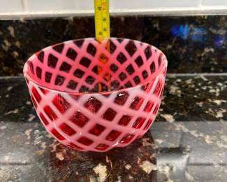 C39 - $20. Northwood Vintage Opalescent Cranberry Lattice Finger Bowl. Measures 4.5" x 3" tall. 