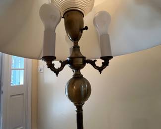 C24 - $85. Measures 63" tall. Brass Floor Lamp with 4 bulbs & milk glass shade inside. Outer shade is in very good condition!