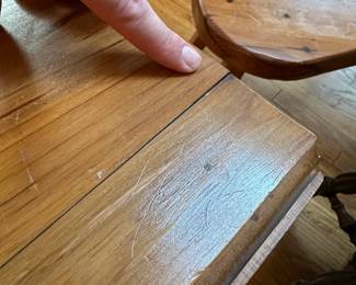 C9 - $35. Small Pine Side Table. Leaves down it measures 17” wide x  24” deep x 26 tall. Each leaf adds 7.25".