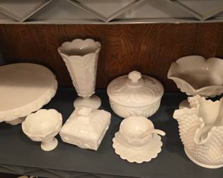 Lots of unique milk glass pieces