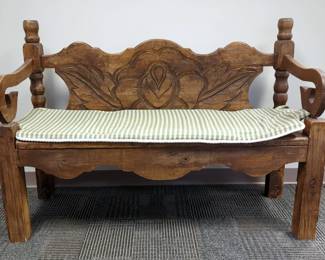 Hand-Carved Wooden Bench With Rolled Arms 