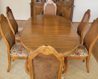 $500 TOTAL  - ETHAN ALLEN (I BELIEVE)- WALTER OF WALBASH $200 LIGHTED CHINA CABINET ARCHED TOP LATTICE DOOR DESIGN REGENCY LOUIS XVI CARVED WALNUT OR PECAN  $300 DINING ROOM TABLE WITH 2 LEAVES (65x42 with two 12" leaves)WITH 6 CANE BACK CHAIRS