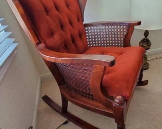 $75 FABULOUS VINTAGE WOOD, CANE ROCKING ARM CHAIR STYLISH WINGBACK DESIGN