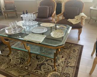 Serving, decor, GLASS AND GOLD COFFEE TABle $150