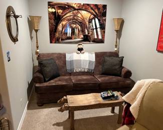 Couch, glass art, lamps