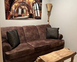 Couch, glass art decor, lamps, unique table