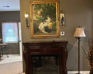 Electric fireplace, framed painting, brass sconces
