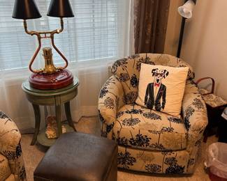 Floral accents chairs, ottoman, lamps