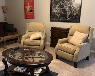 Upholstered electric recliners, coffee table, nautical art